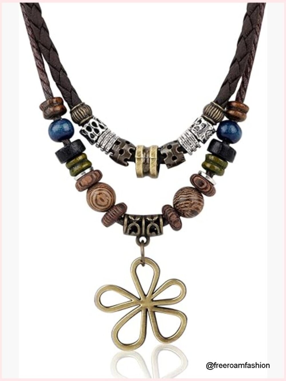 Double Layer Wood Bead Necklace with Hollow Flower Pendant, Adjustable Boho - Picture 1 of 7